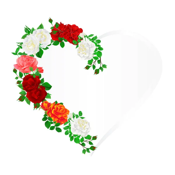 Corazón marco floral con rosas y brotes vintage festivo fondo vector ilustración — Vector de stock