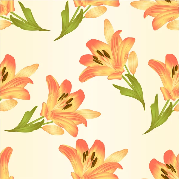 Texture senza cuciture giglio giallo fiore con foglie e boccioli vettoriale vintage illustrazione modificabile — Vettoriale Stock