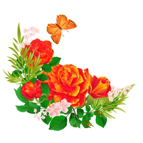 Moldura crescente floral com rosas laranja e borboleta vintage festivo fundo vetor ilustração editável — Vetor de Stock