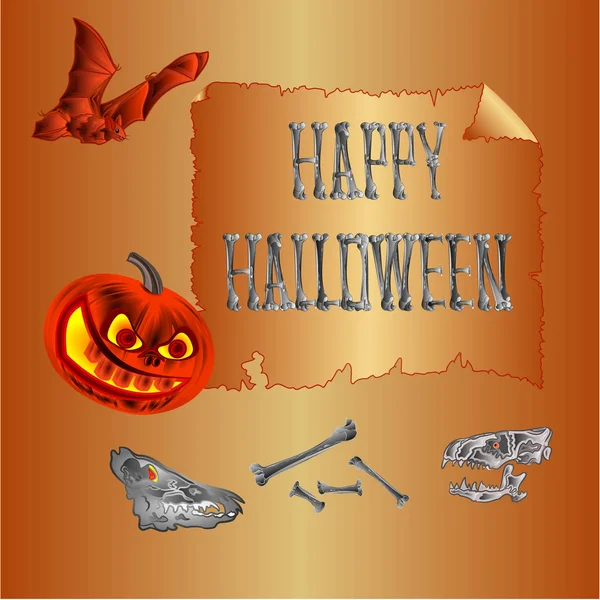 Happy Halloween inskrift av skelett och dödskallar och bat holiday bakgrund vintage vektorillustration redigerbara — Stock vektor
