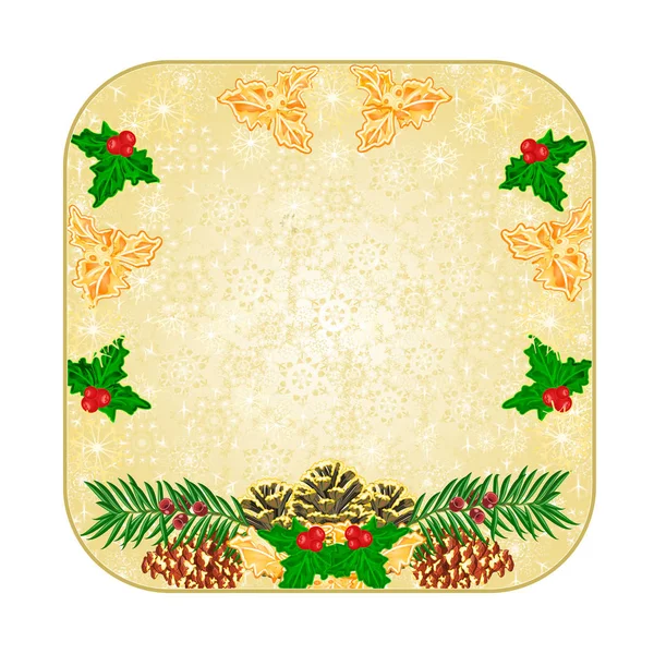 Botão quadrado Natal decoração flocos de neve com pinhas azevinho e teixo vintage vetor ilustração editável mão desenhar —  Vetores de Stock