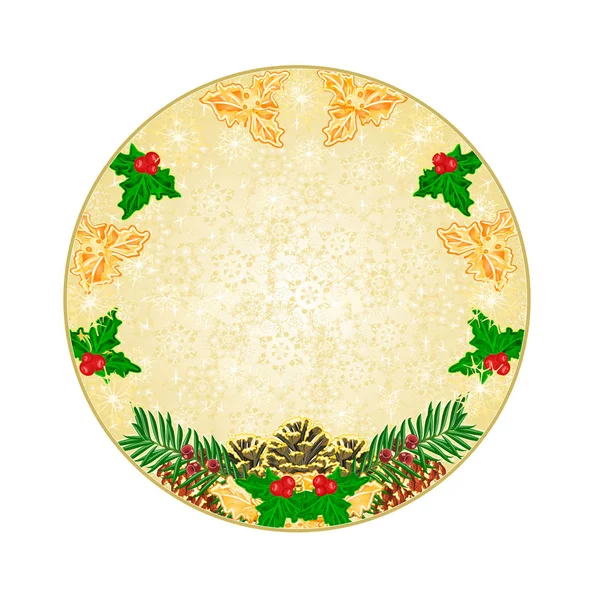 Bottone cerchio Natale decorazione fiocchi di neve con pigne agrifoglio e tasso vintage vettoriale illustrazione modificabile — Vettoriale Stock