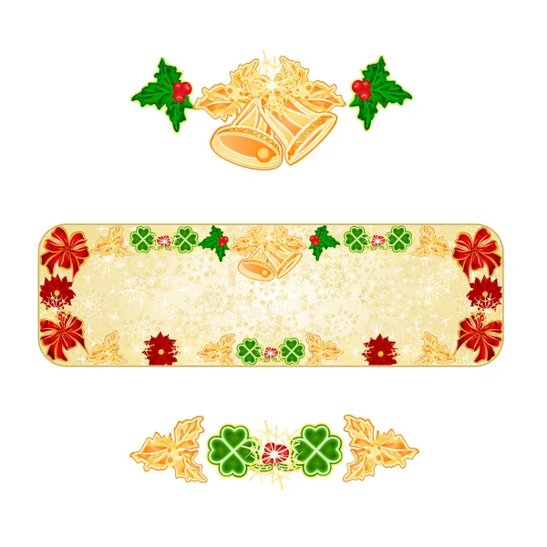 Bannière décoration de Noël flocons de neige avec cloches et poinsettia et illustration vectorielle vintage trèfle modifiable — Image vectorielle