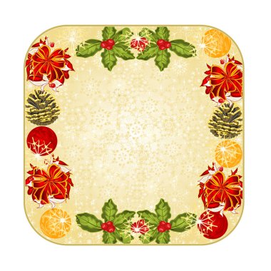 Düğme kare Christmas dekorasyon kar taneleri ve kırmızı yay ile çam kozalakları vintage vektör çizim düzenlenebilir 