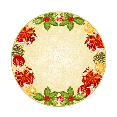 Düğme daire Christmas dekorasyon kar taneleri ve kırmızı yay ile çam kozalakları vintage vektör çizim düzenlenebilir