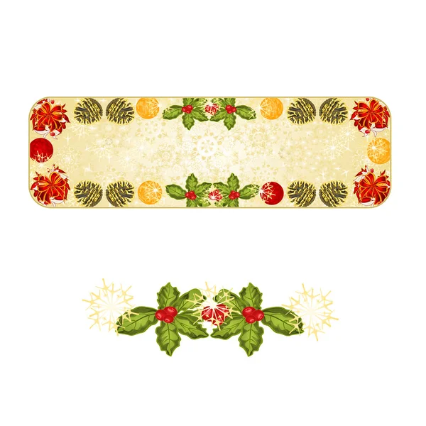 Banner kerst decoratie sneeuwvlokken en rode boog met pine kegels vintage vector illustratie bewerkbare — Stockvector