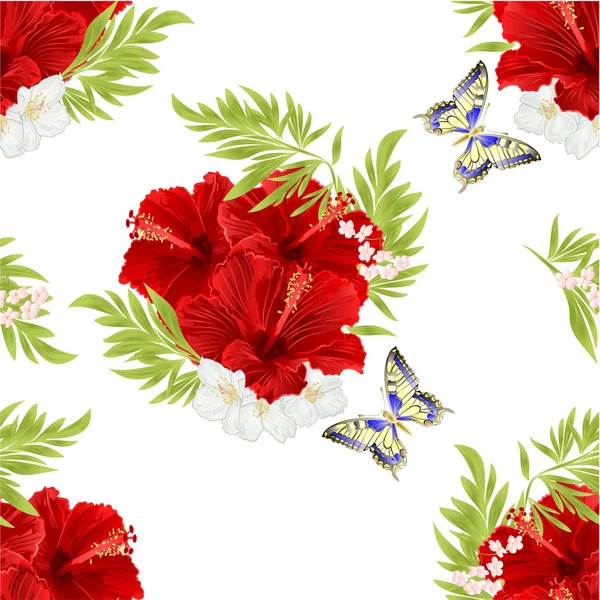 Бесшовная текстура красный гибискус тропические цветы с жасминовые цветы и бабочки винтажный вектор редактируемый иллюстрация — стоковый вектор