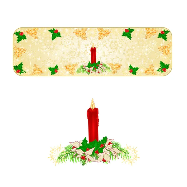 Banner decoração de Natal flocos de neve castiçal vermelho e poinsettia vintage vetor ilustração editável — Vetor de Stock