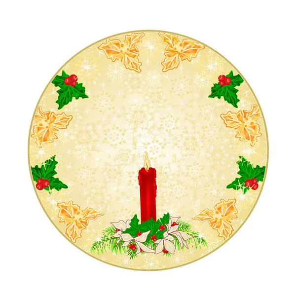 Botão quadrado Natal decoração flocos de neve vermelho castiçal e poinsettia vintage vetor ilustração editável — Vetor de Stock