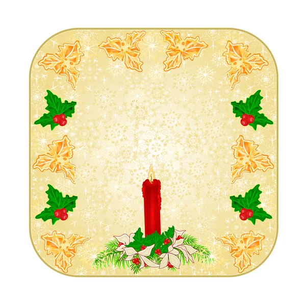 Düğme kare Christmas dekorasyon kar taneleri kırmızı mum ve Atatürk çiçeği vintage vektör çizim düzenlenebilir