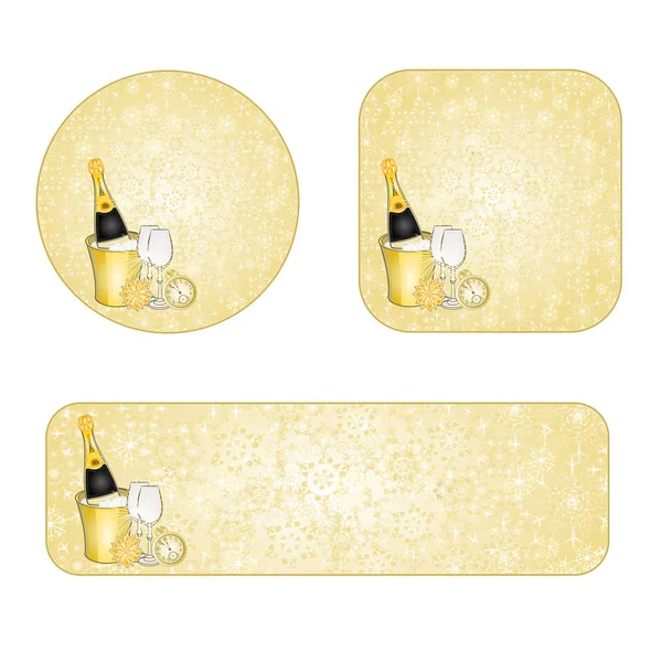Banner und Tasten Neujahr Schneeflocken und Mitternacht Toast Gold Hintergrund Vektor Illustration editierbar — Stockvektor