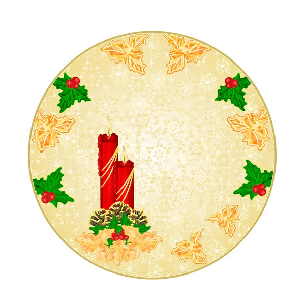 Düğme daire Christmas dekorasyon kar taneleri ile kırmızı mum ve çam kozalakları ve altın holly vintage vektör çizim düzenlenebilir