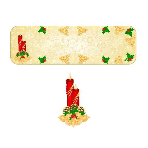Banner vánoční dekorace vločky s červeným svícen a Borové šišky a zlaté holly vintage vektorové ilustrace upravitelné — Stockový vektor