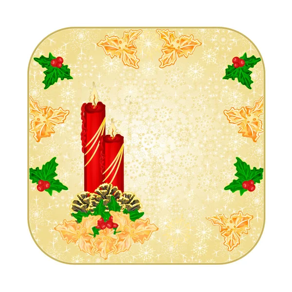 Bouton carré décoration de Noël flocons de neige avec chandelier rouge et cônes de pin et or holly vintage vecteur illustration modifiable — Image vectorielle