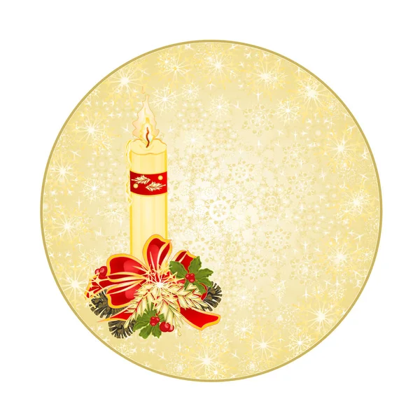 Botón círculo Navidad decoración copos de nieve candelabro y conos de pino y arco vintage vector ilustración editable — Vector de stock