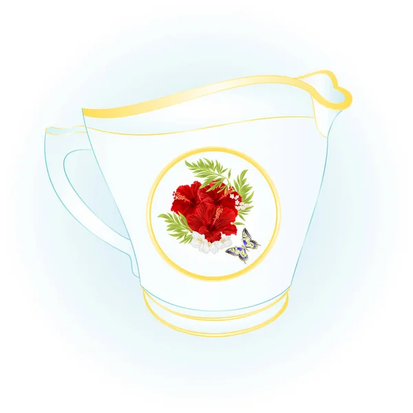 Tetera de porcelana hibisco rojo y mariposa vintage vector ilustración editable — Vector de stock