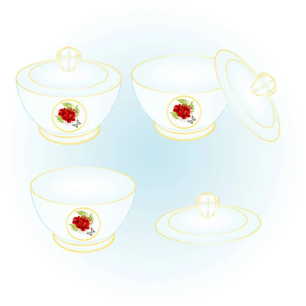 Mangkuk gula dari hibiscus merah porselen dan kupu-kupu vektor vintage ilustrasi dapat diedit - Stok Vektor
