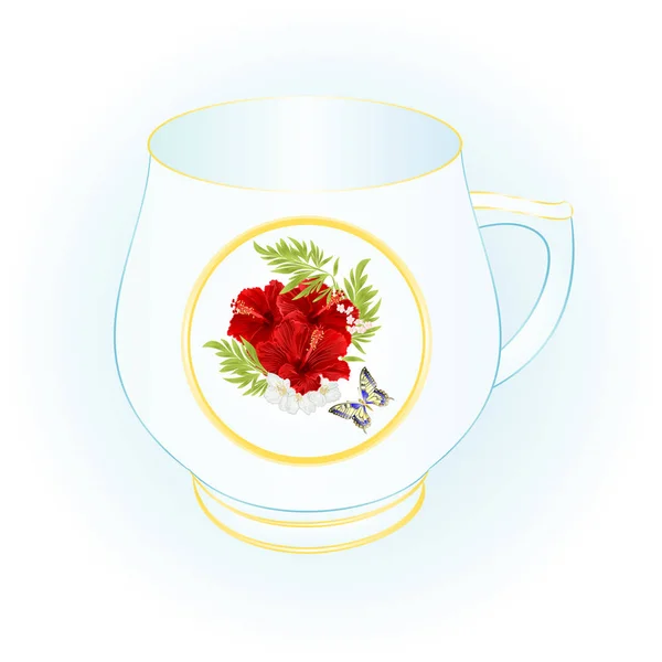 Mug  of porcelain red hibiscus and butterfly  vintage vector illustration editable — Stock Vector