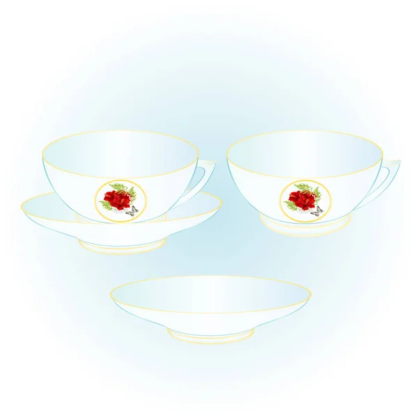 Cup part of porcelain red hibiscus and butterfly  vintage vector illustration editable — Stock Vector