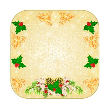 Düğme kare Christmas dekorasyon kar taneleri beyaz Atatürk çiçeği ve holly ve çam kozalakları vintage vektör çizim ile düzenlenebilir Ladin