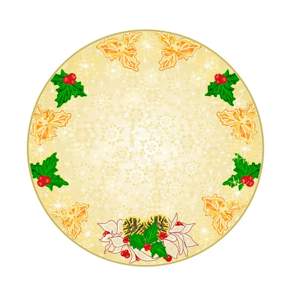 Bottone cerchio Natale decorazione fiocchi di neve abete rosso con bianco poinsettia e agrifoglio e pigne vintage vettoriale illustrazione modificabile — Vettoriale Stock