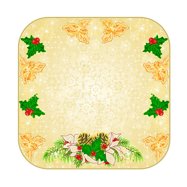 Düğme kare Christmas dekorasyon kar taneleri beyaz Atatürk çiçeği ve holly ve çam kozalakları vintage vektör çizim ile düzenlenebilir Ladin