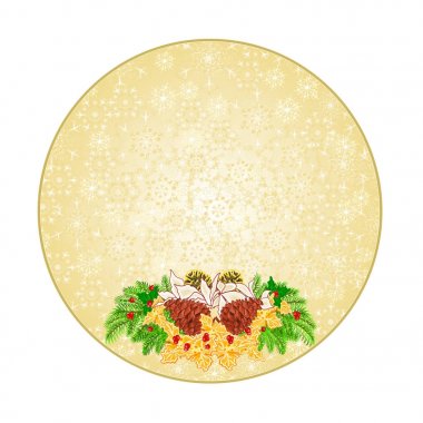 Düğme daire Christmas dekorasyon kar taneleri poinsettia çeşitli çam kozalakları ve altın holly vintage vektör çizim düzenlenebilir 