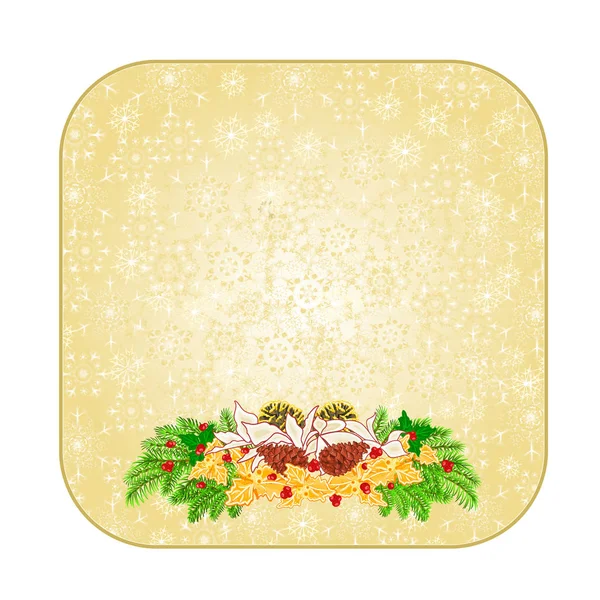 Botão quadrado Natal decoração flocos de neve poinsettia com vários cones de pinho e ouro azevinho vintage vetor ilustração editável — Vetor de Stock