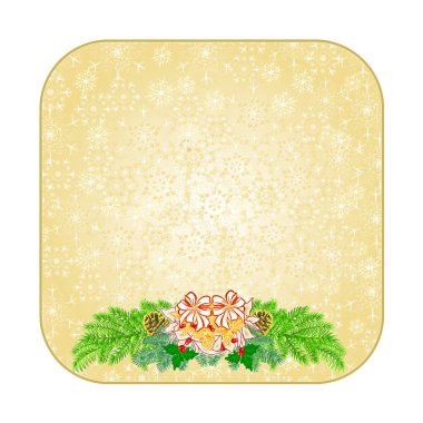 Beyaz düğme kare Christmas dekorasyon kar taneleri Atatürk çiçeği ve çam kozalakları ve beyaz yay vintage vektör çizim düzenlenebilir