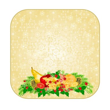 Düğme kare Christmas dekorasyon kar ile çeşitli meyve ve çam kozalakları ve altın holly vintage vektör çizim düzenlenebilir taneleri 