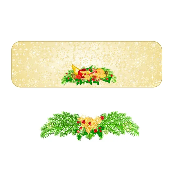 Kerst decoratie sneeuwvlokken met diverse groenten en dennenappels en gouden holly vintage vectorillustratie bewerkbare banner — Stockvector