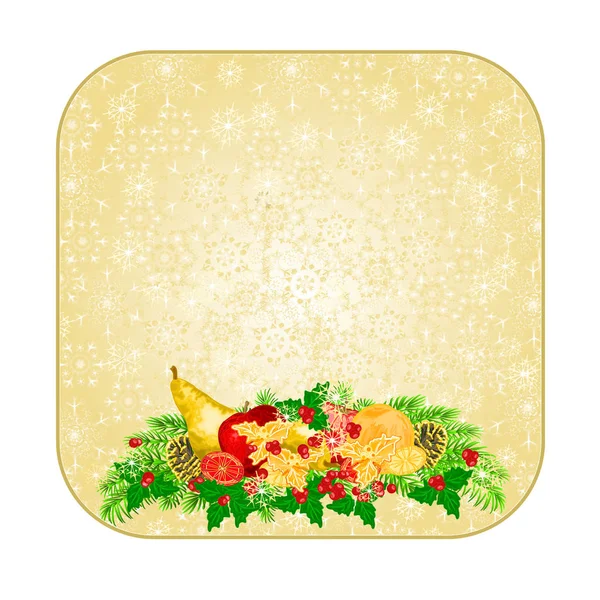 Botão quadrado Natal decoração flocos de neve com vários cones de frutas e pinheiros e ouro azevinho vintage vetor ilustração editável — Vetor de Stock