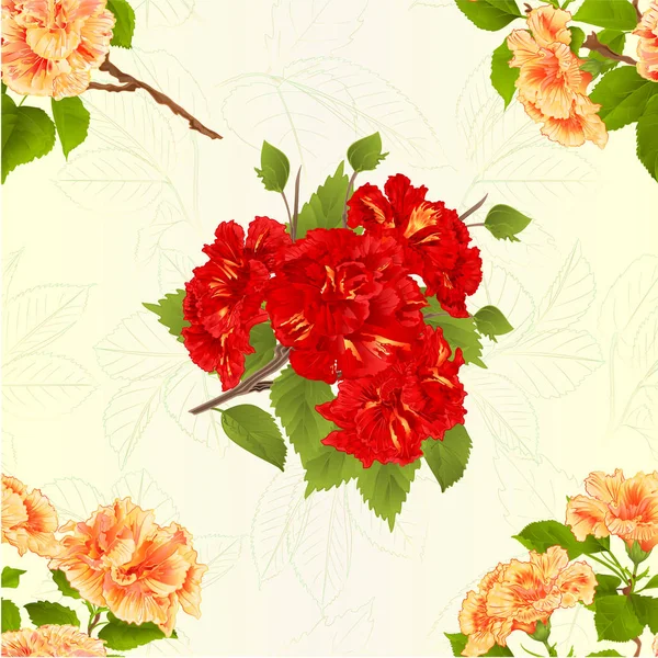 Rama de textura sin costura hibisco Flores tropicales amarillas y rojas sobre un fondo de hojas ilustración botánica vector vintage — Vector de stock