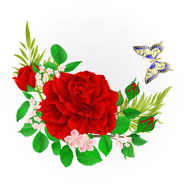 Marco floral con rosa roja y mariposa vintage festivo fondo vector ilustración editable — Vector de stock