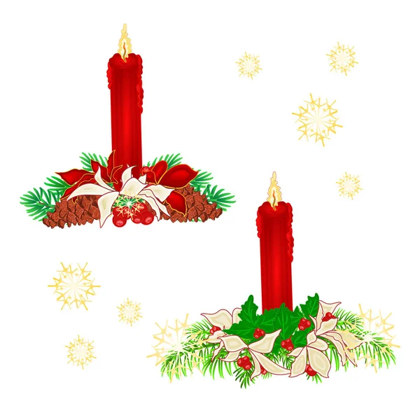 Bougies de Noël avec cônes de pin et illustration vectorielle vintage poinsettia modifiable — Image vectorielle
