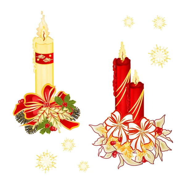 Рождественские свечи с луками сосновые шишки и пуансеттия винтажные векторные иллюстрации редактируемые — стоковый вектор