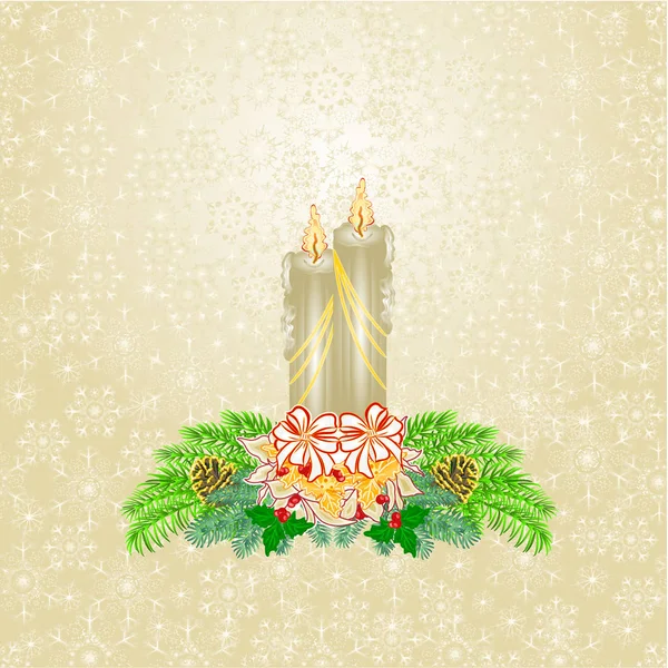 Kerst met vuren witte poinsettia en pine kegels vintage vectorillustratie bewerkbare kaarslampjes — Stockvector