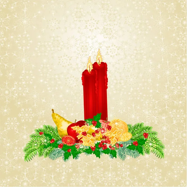 Kerst met fruit en vuren vintage vectorillustratie bewerkbare kaarslampjes — Stockvector
