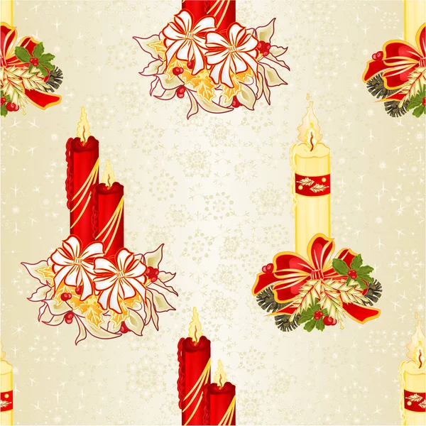 Textura sem costura Natal velas com arcos cones de pinho e poinsettia vetor vintage ilustração editável — Vetor de Stock