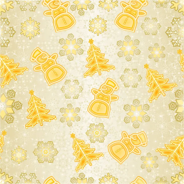 Seamless texture golden Christmas decorations snowman and snowflakes and christmas tree vintage vector editable — Stock Vector
