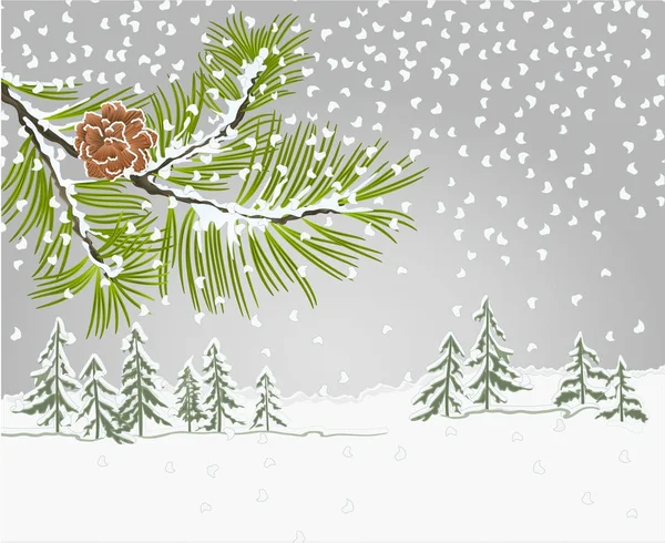 Winter Landschaft Kiefernzweig mit Schnee und Tannenzapfen Weihnachten Thema natürlichen Hintergrund Vektor Illustration editierbar — Stockvektor