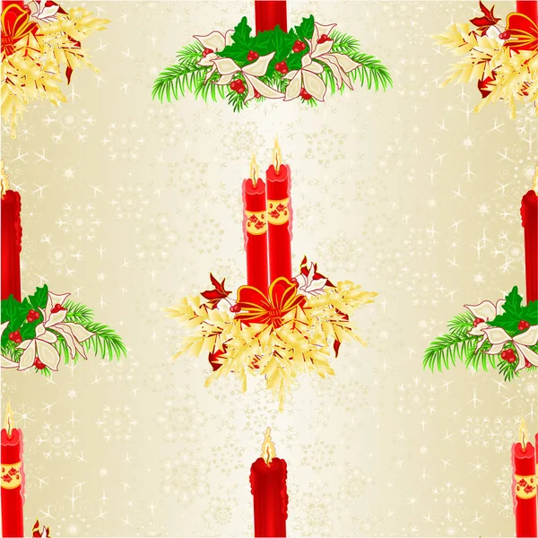 Textura sem costura Natal velas com azevinho e poinsettia e arco vintage vetor ilustração editável — Vetor de Stock