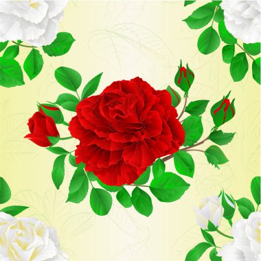Sorunsuz imkanı doku beyaz ve kırmızı gül tomurcukları ve yaprakları vintage Festival arka plan vektör botanik çizim ile düzenlenebilir 
