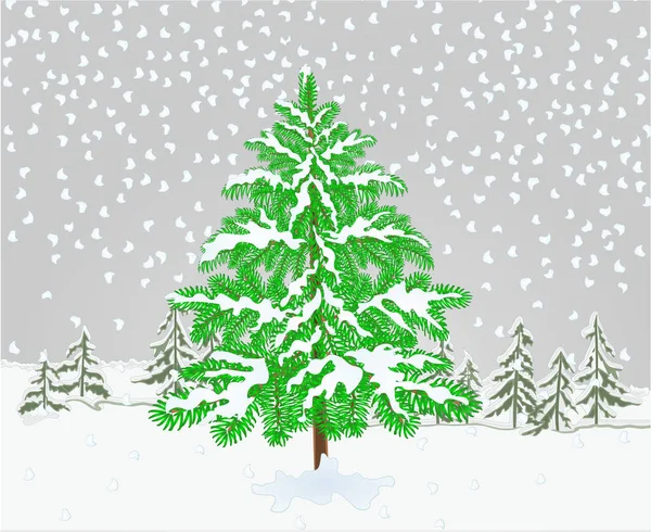 Paisaje de invierno Árbol de abeto con nieve navidad tema fondo natural vintage vector ilustración editable — Vector de stock
