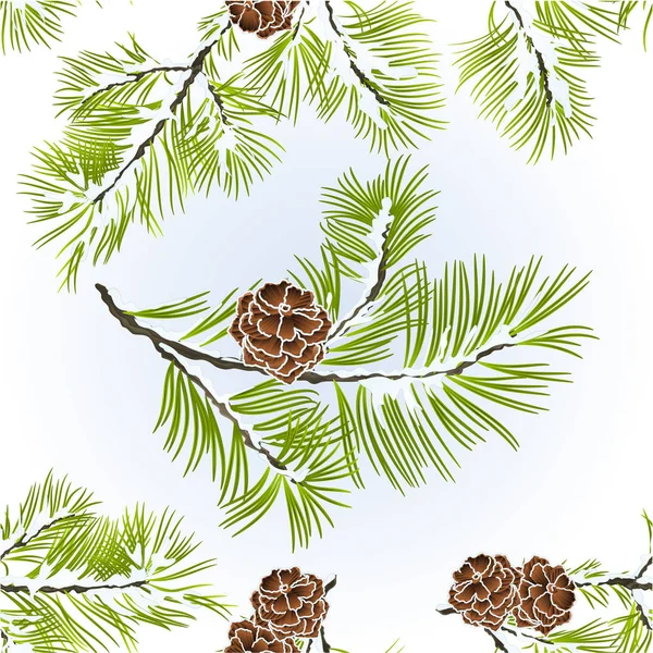 Bezešvých textur jehličnatých větví borovice s šišky zimní zasněžené přírodní pozadí vektorové ilustrace upravitelné — Stockový vektor