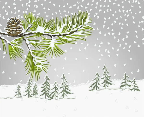 Kış manzara çam ağacı, çam koni şube kış karlı doğal arka plan vintage vektör çizim düzenlenebilir el çizmek