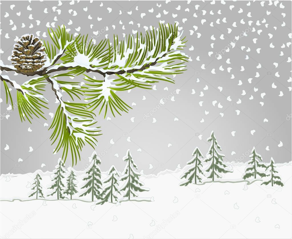Download Winter Landscape Pine Tree Pine Cone Branch Winter Snowy Natural — Stock Vector © Tina5 #175862058