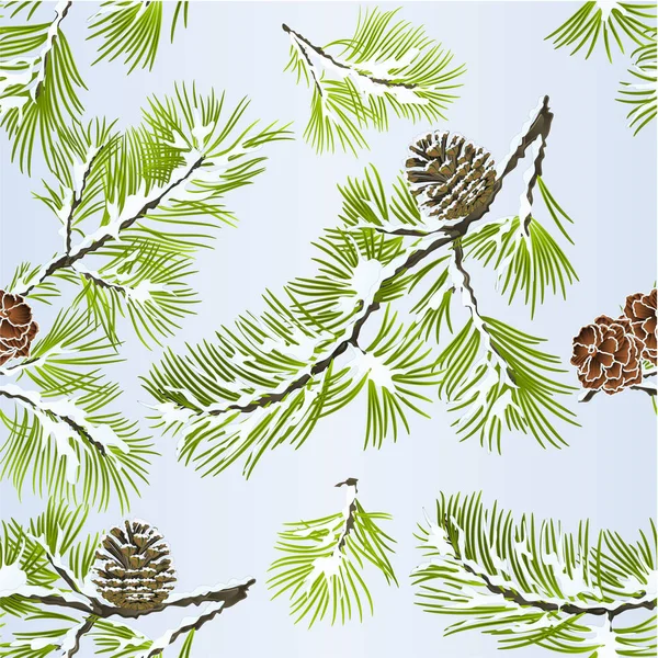 Nahtlose Textur Kiefer Baum Und Tannenzapfen Zweige Winter Schneebedeckt Natürlichen — Stockvektor