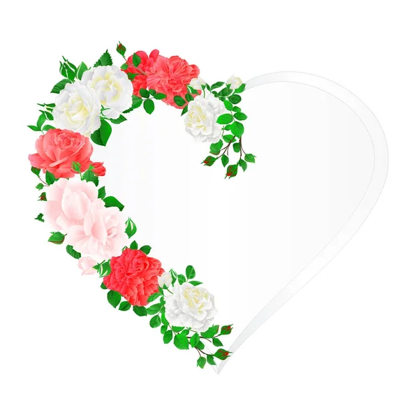 Floral Frame Heart Pink White Roses Buds Vintage Festive Background — Stock Vector