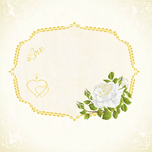 标签与白玫瑰和芽花卉喜庆背景老式矢量插画可编辑手绘画 — 图库矢量图片